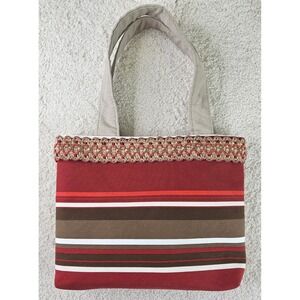 OOAK Handmade‎ Striped Tote Bag Red White Brown Gold Trim Snap Closure Purse